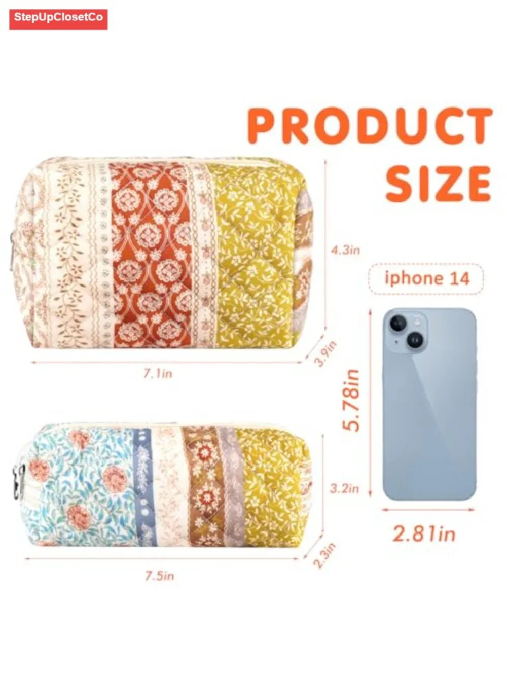 Cotton Quilted Floral Makeup Bag Set of 2 - Zipper Pouch Travel Toiletry